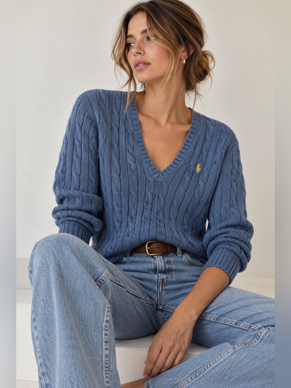 Vintage Ralph Lauren Sport Blue Cable Knit V-Neck Sweater M